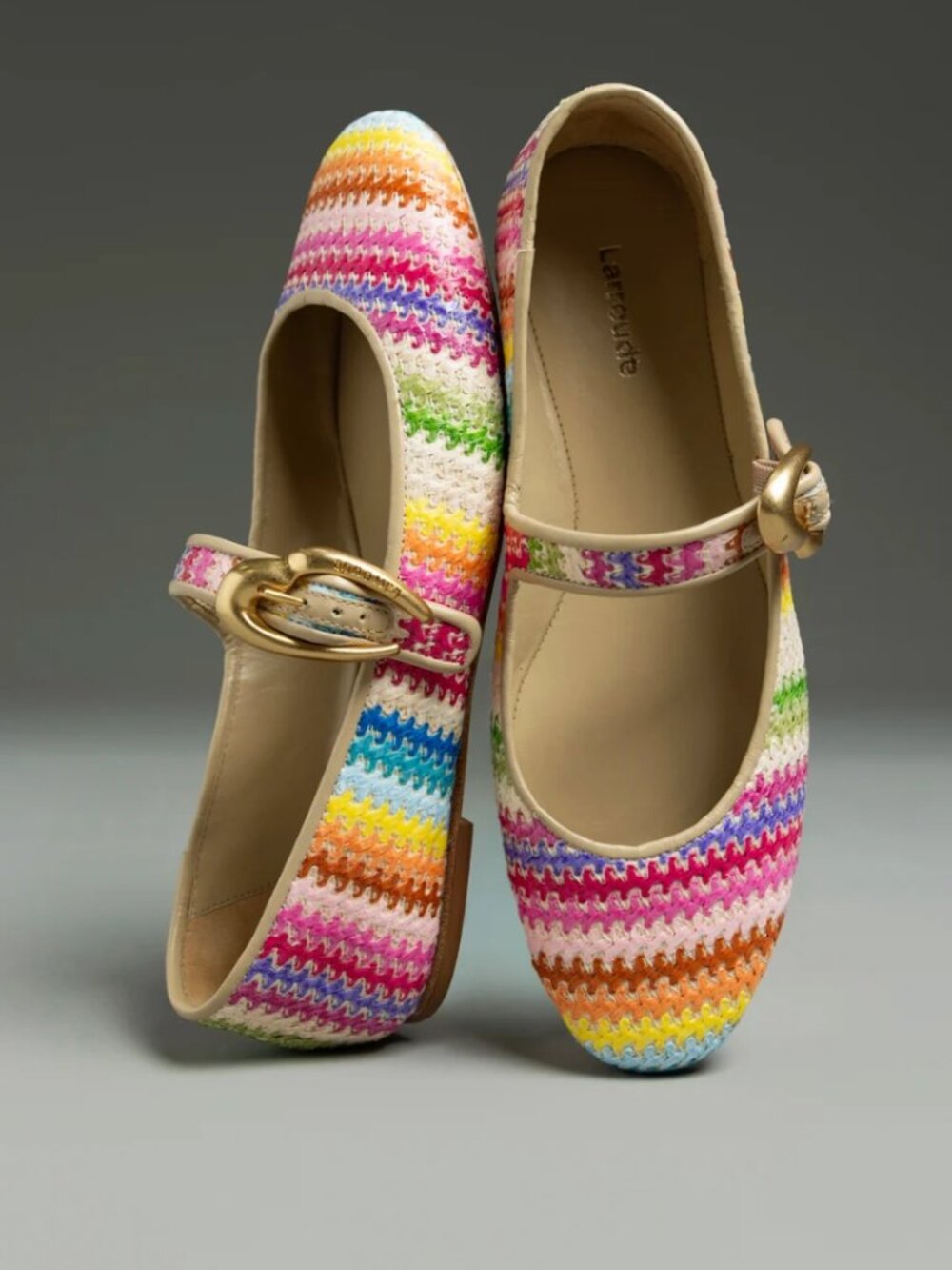 Larroude Verona Ballet Flat In Rainbow Raffia and Beige Leather
